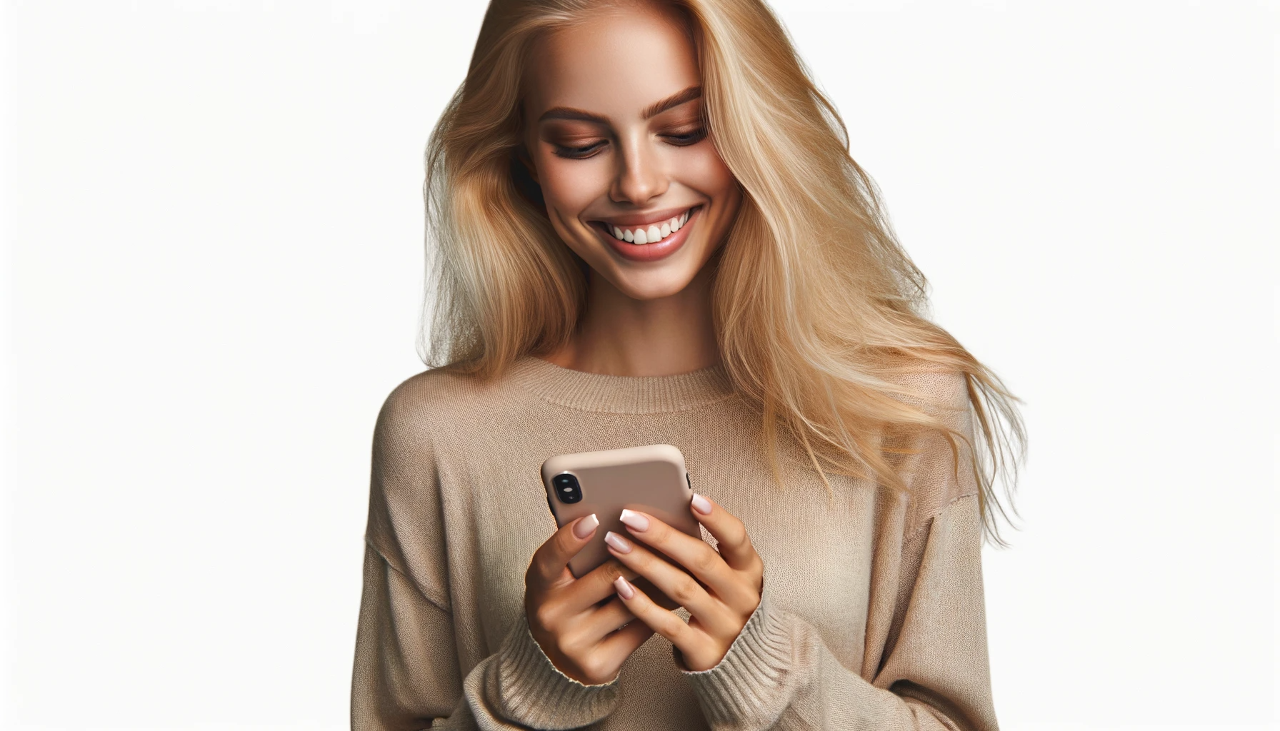 kontaktai dall·e 2024 01 27 14.45.44 a blonde woman smiling and holding a phone typing a message with an ultra realistic white background